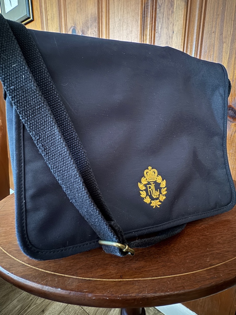 Vintage Y2K EUC Ralph Lauren Black Messenger Bag with Embroidered Crest
